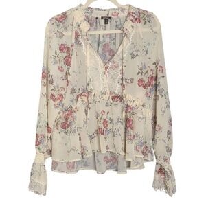 Buffalo David Bitton Blouse Womens Large Cream Floral Lace Trim Smocked Sleeve